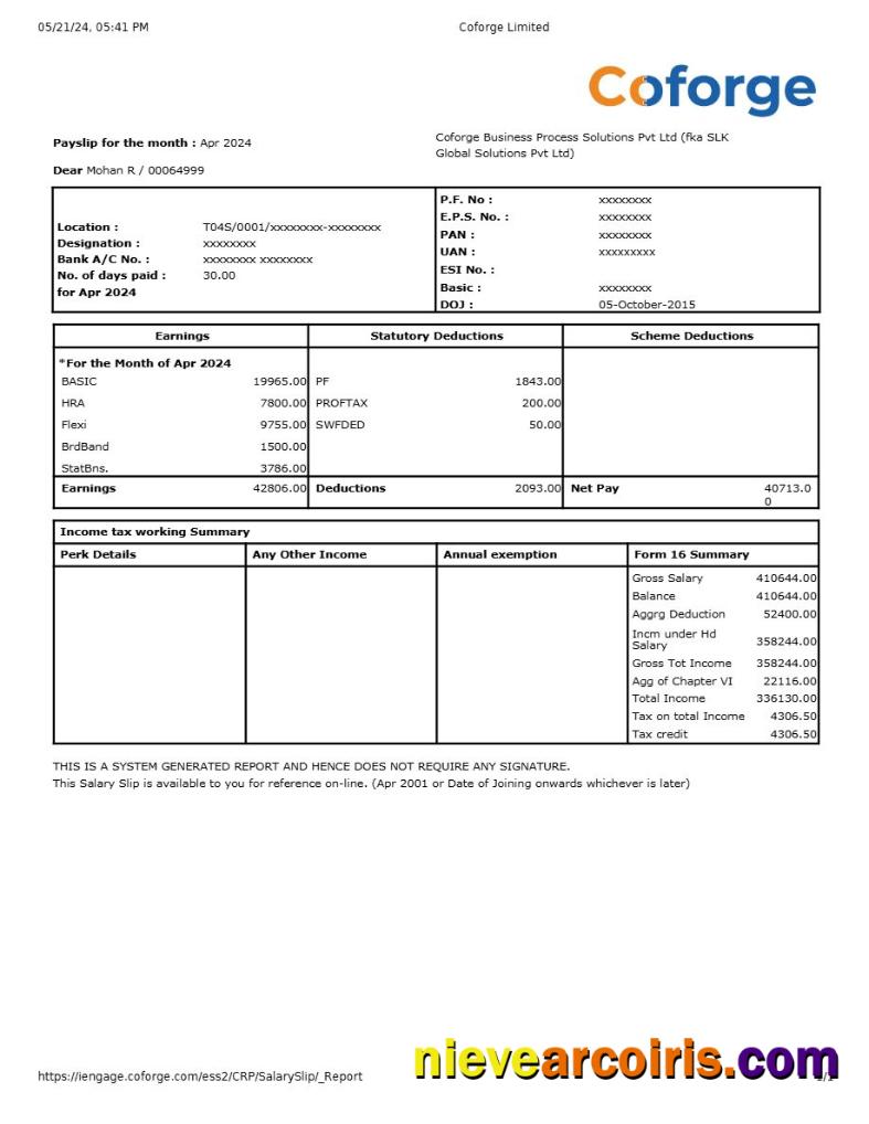 Coforge IT compay payslip